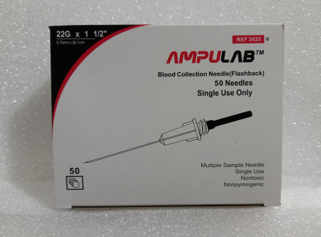 ИГЛЫ AMPULAB 22G X 1,5" (0.7Х38 ММ), ЧЁРНЫЕ, ДЛИННЫЕ, С ВИЗ. КАМЕРОЙ, УП. 50 ШТ., 3022-V