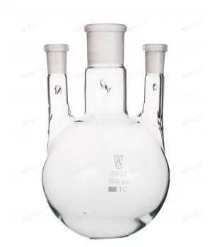 КОЛБА 500 МЛ, КРУГЛОДОННАЯ, ТРЕХГОРЛАЯ, СТЕКЛЯННАЯ, С ПАРАЛЛЕЛЬНЫМИ ГОРЛАМИ - CENTER 29/32 - ARM 29/32