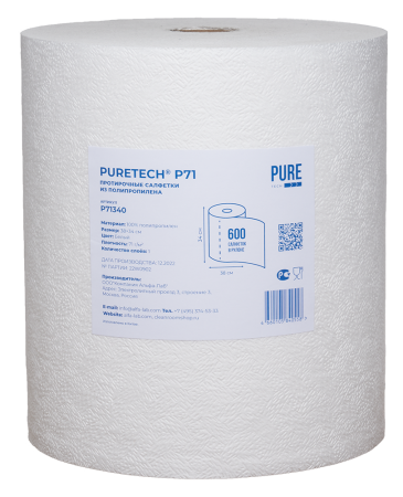 PURETECH® P71 НЕТКАНЫЙ ПРОТИРОЧНЫЙ МАТЕРИАЛ, 38Х34СМ, 71ГР/М2, 1СЛОЙ, БЕЛЫЙ, 600 Л/РУЛОН