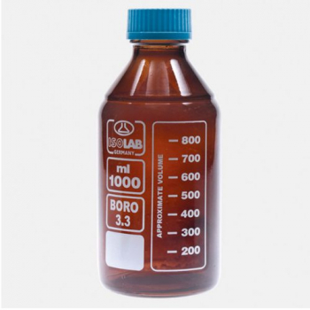 БУТЫЛЬ 2000 МЛ, GL45, С КРЫШКОЙ И СЛИВНЫМ КОЛЬЦОМ, ТЁМНОЕ СТЕКЛО, ISOLAB, АРТ. 061.02.902