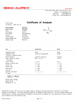 DL-АЛАНИН ?99%, CAS 302-72-7 , SIGMA-ALDRICH W381810, ФАСОВКА 1 КГ